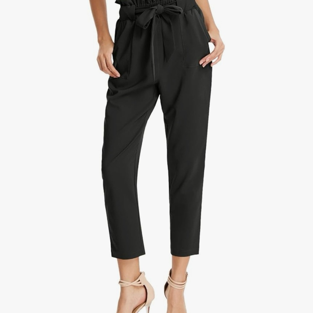 Grace Karin Black Cropped Tie-Waist Pants